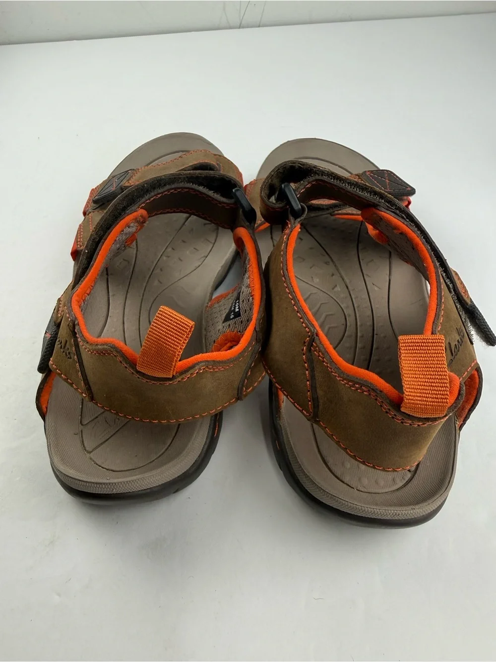 Clarks Mens 10 Brown Orange Leather Sandal Hook and Loop Adjustable